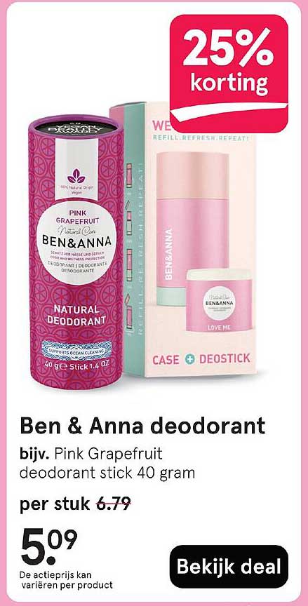 Ben & Anna deodorant bijv. Pink Grapefruit deodorant stick 40 gram