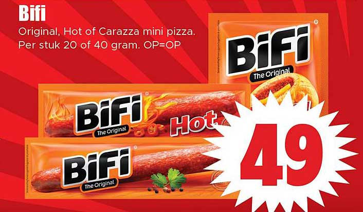 Bifi Original, Hot of Carazza mini pizza. Per stuk 20 of 40 gram. OP=OP