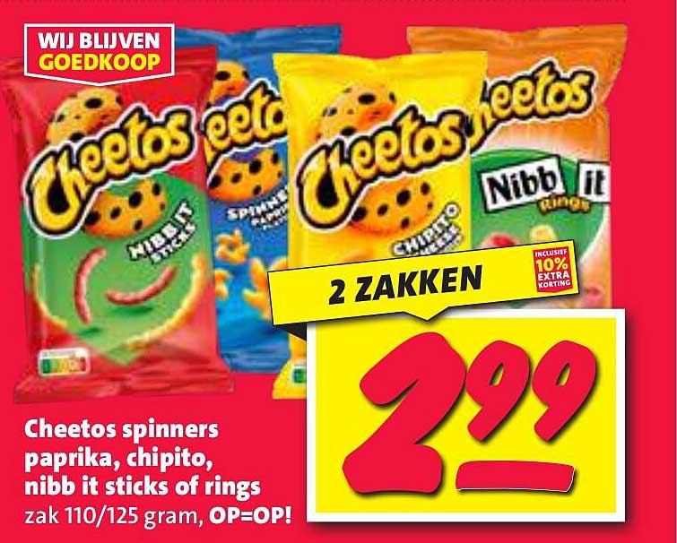 Cheetos spinners paprika, chipito, nibb it sticks of rings