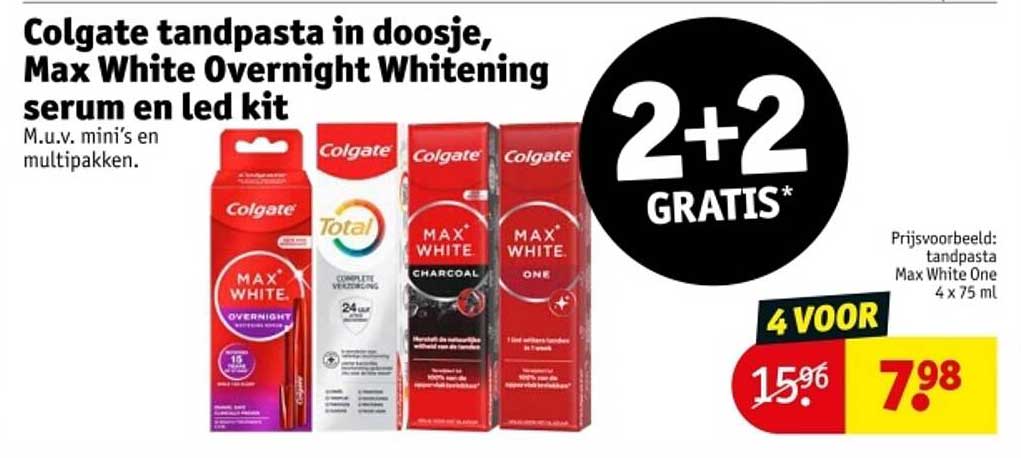 Colgate tandpasta in doosje, Max White Overnight Whitening serum en led kit