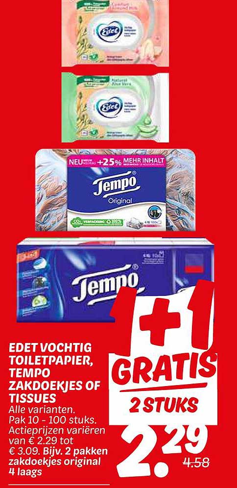EDet vochtig toiletpapier, Tempo zakdoekjes of tissues