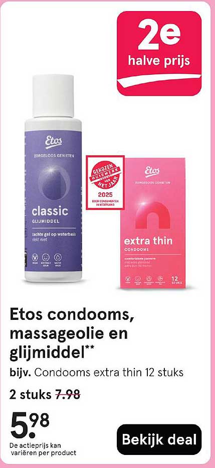 Etos condooms, massageolie en glijmiddel** bijv. Condooms extra thin 12 stuks