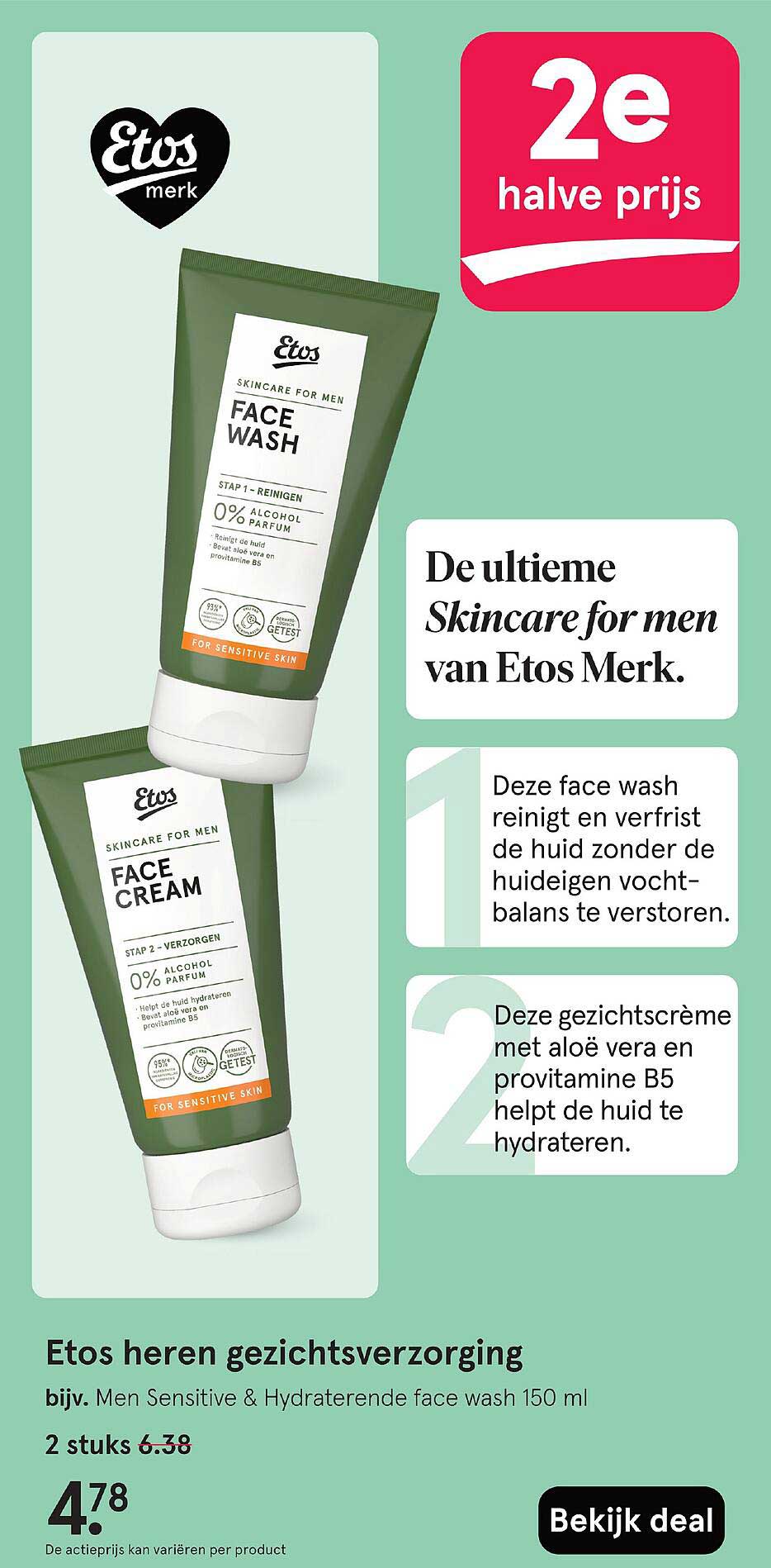 Etos heren gezichtsverzorging bijv. Men Sensitive & Hydraterende face wash 150 ml 2 stuks 6.38