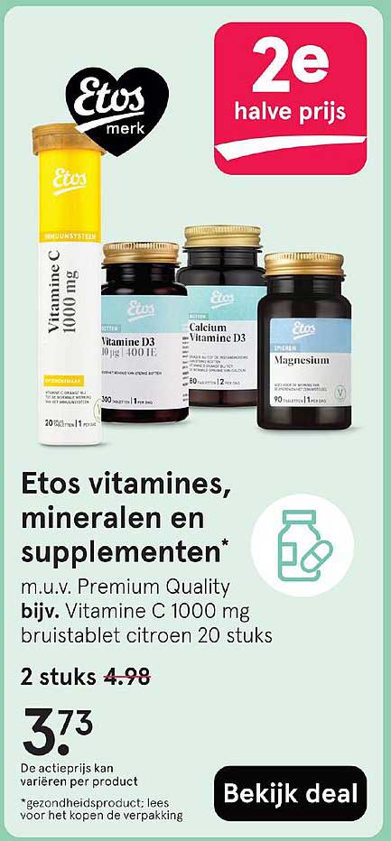 Etos vitamines, mineralen en supplementen m.u.v. Premium Quality bijv. Vitamine C 1000 mg bruis tablet citroen 20 stuks
