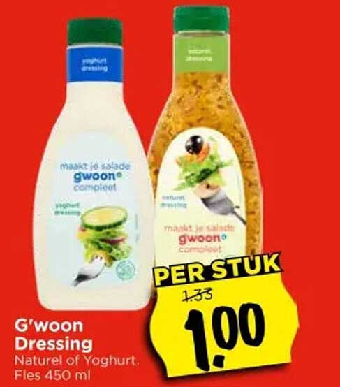 G'woon Dressing Naturel of Yoghurt. Fles 450 ml