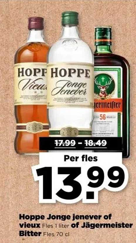Hoppe Jonge jenever of vieux Fles 1 liter of Jägermeister Bitter Fles 70 cl