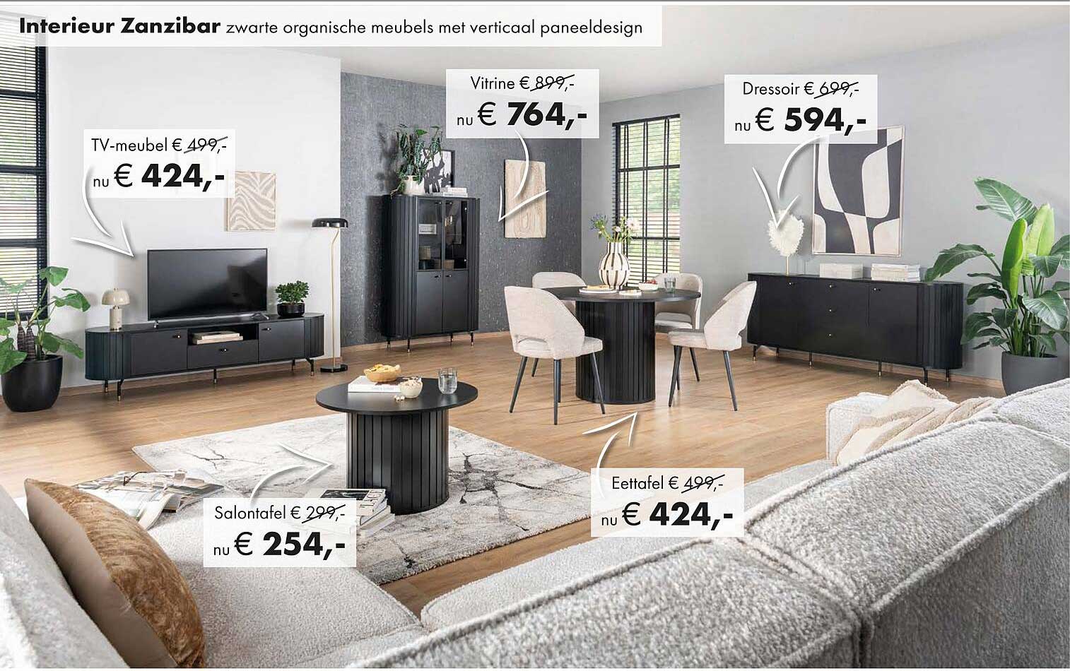 Interieur Zanzibar zwarte organische meubels met verticaal paneeldesign