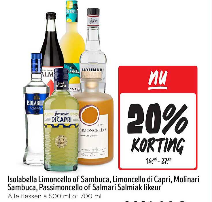 Isolabella Limoncello of Sambuca, Limoncello di Capri, Molinari Sambuca, Passimoncello of Salmari Salmiak likeur