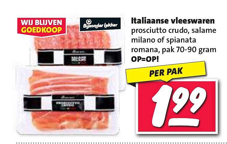 Italiaanse vleeswaren prosciutto crudo, salame milano of spianta romana, pak 70-90 gram