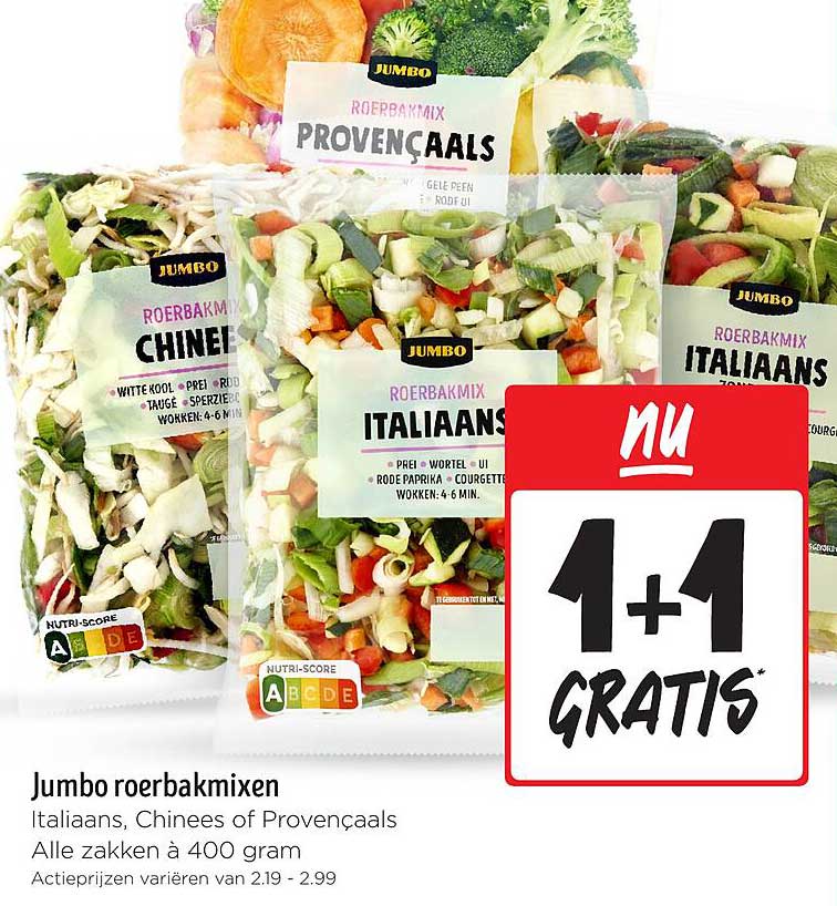 Jumbo roerbakmixen Italiaans, Chinees of Provençaals Alle zakken à 400 gram