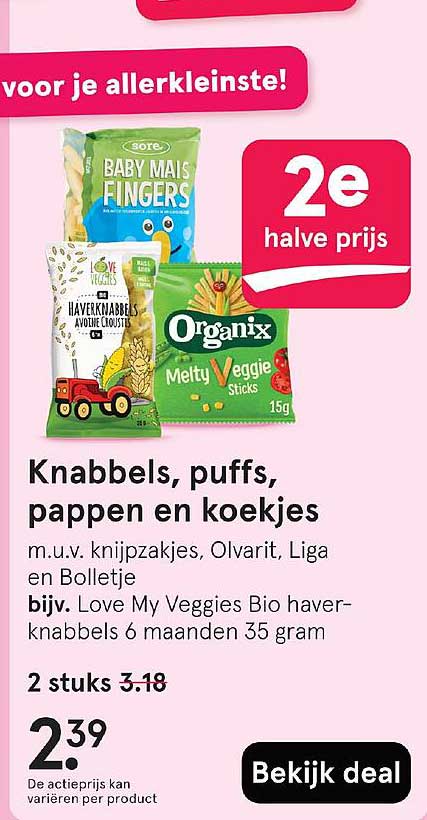 Knabbels, puffs, pappen en koekjes
