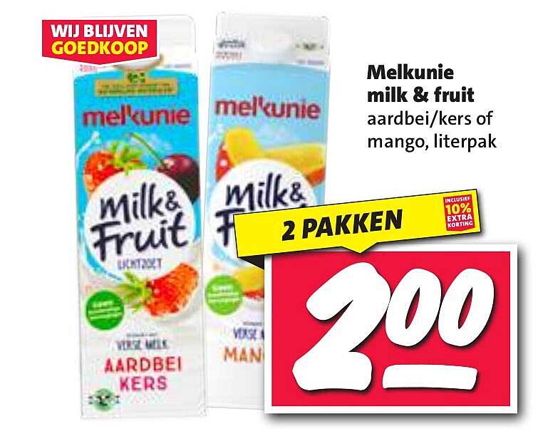 Melkunie milk & fruit aardbei/kers of mango, literpak