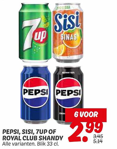 PEPSI, SISI, 7UP OF ROYAL CLUB SHANDY - 6 VOOR €2.99