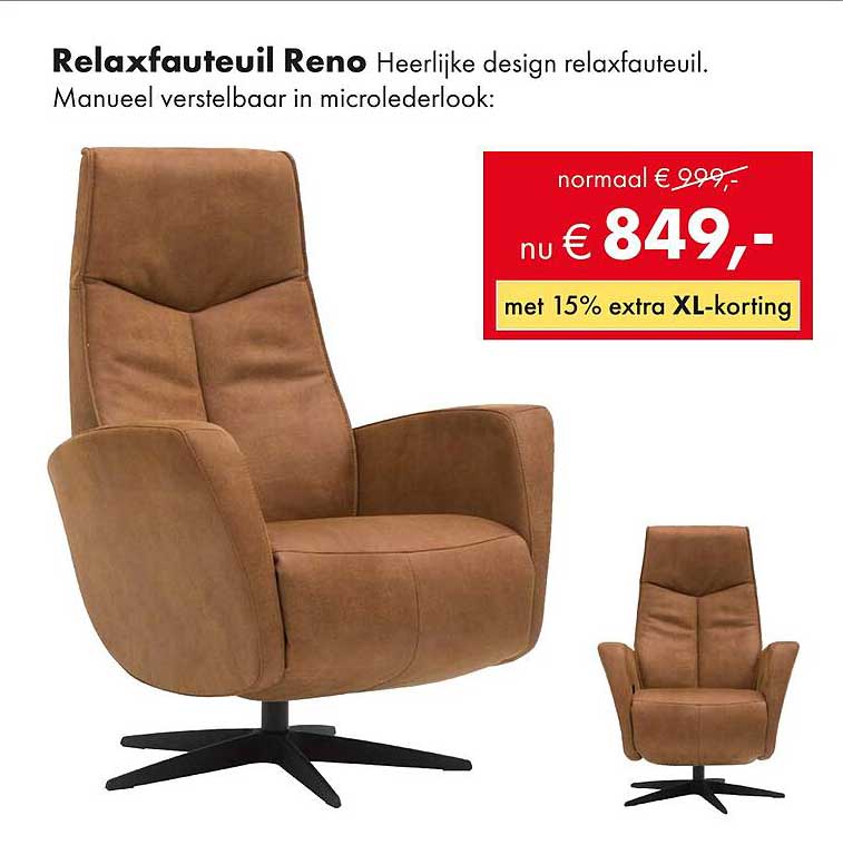 Relaxfauteuil Reno Heerlijke design relaxfauteuil. Handmatig verstelbaar in microlederlook: