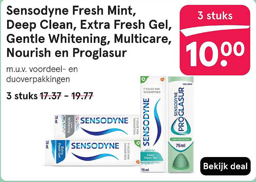 Sensodyne Fresh Mint, Deep Clean, Extra Fresh Gel, Gentle Whitening, Multicare, Nourish en Proglasur
