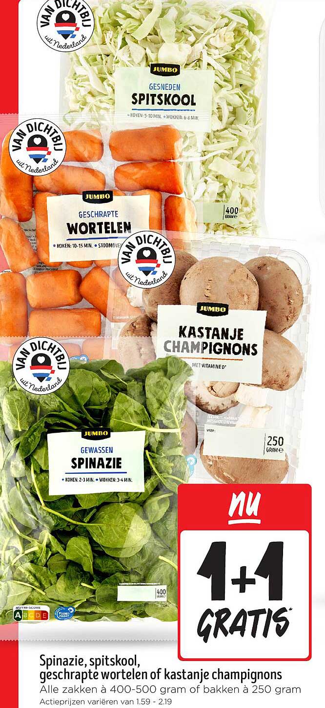 Spinazie, spitskool, geschrapte wortelen of kastanje champignons