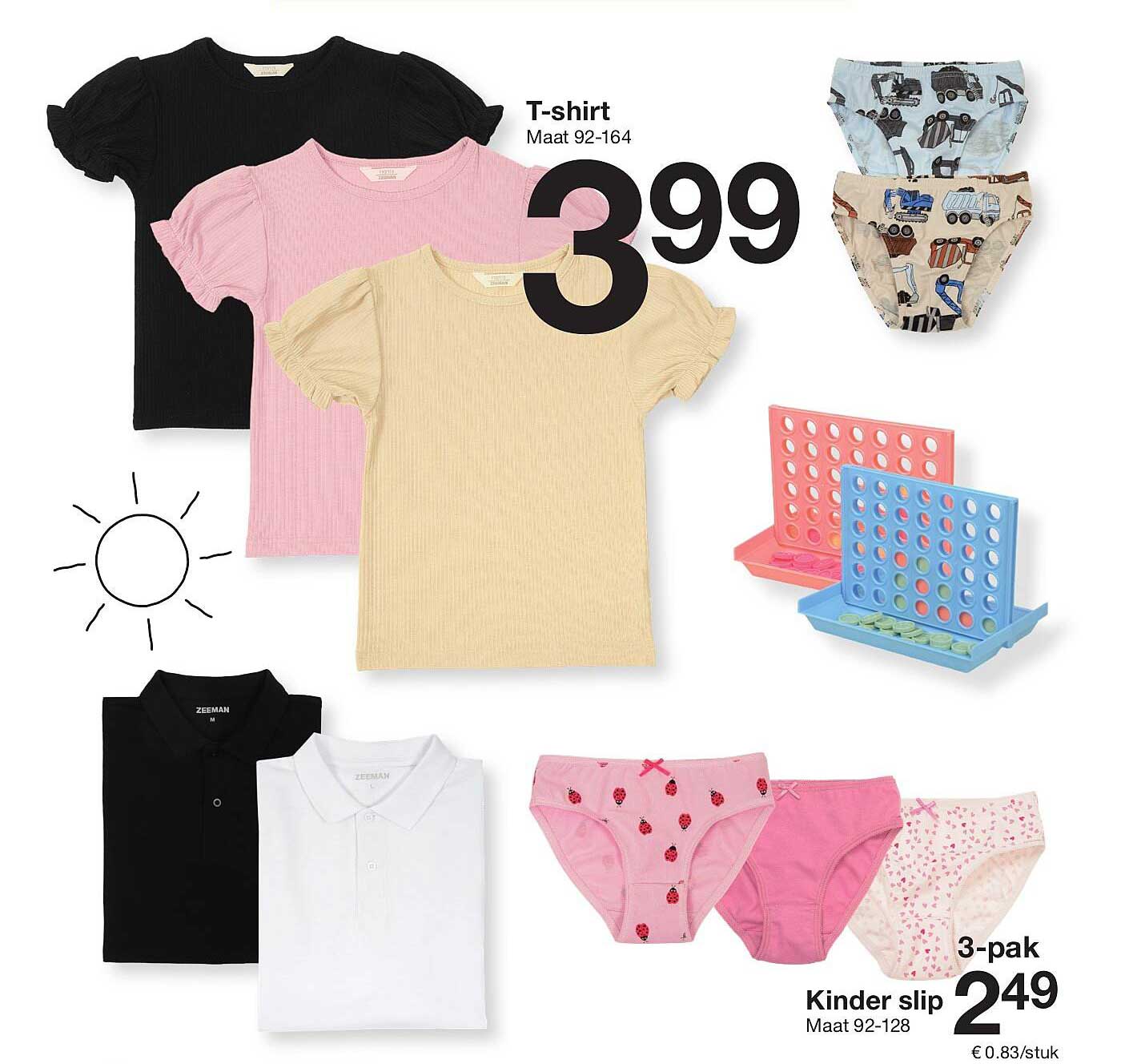 T-shirt Maat 92-164 voor €3,99 en Kinder slip 3-pak Maat 92-128 voor €2,49
