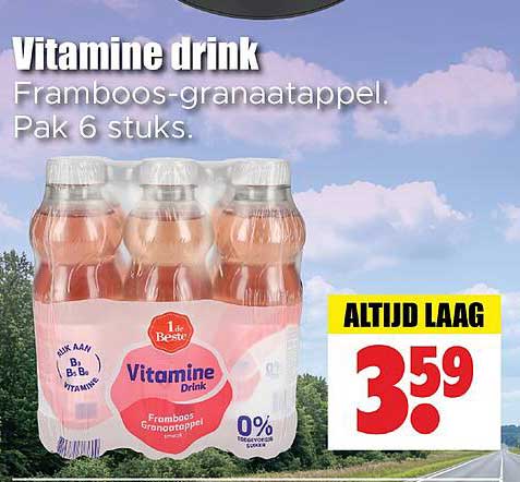 Vitamine drink Framboos-granaatappel. Pak 6 stuks.