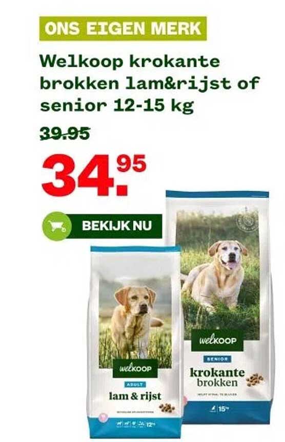Welkoop krokante brokken lam&rijst of senior 12-15 kg