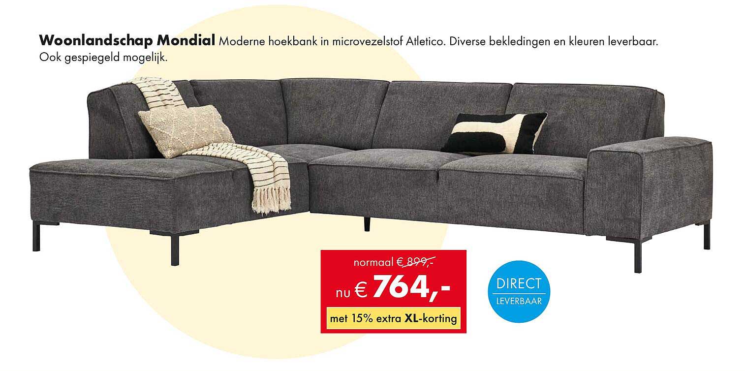 Woonlandschap Mondial Moderne hoektank in microvezelstof Atletico. Diverse bekledingen en kleuren leverbaar.