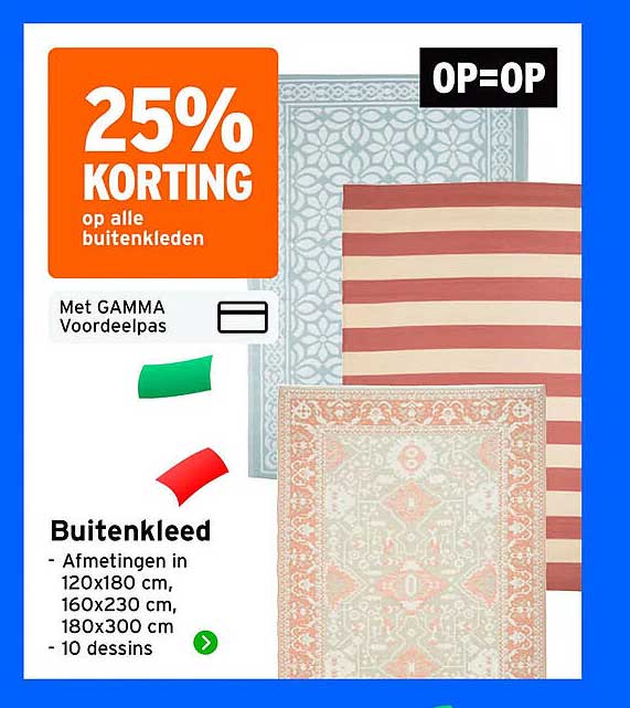 25% korting op alle buitenkleden Op=op