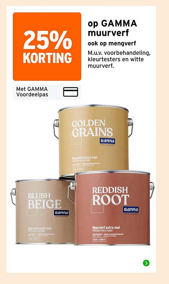 25% KORTING op GAMMA muurverf ook op mengverf