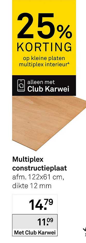 25% KORTING op kleine platen multiplex interieur⁴ alleen met Club Karwei