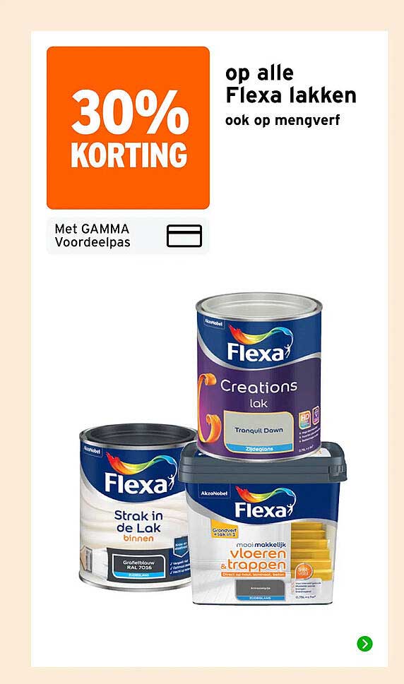 30% korting op alle Flexa lakken ook op mengverf