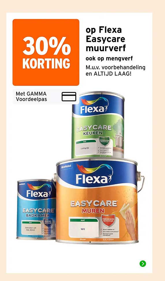 30% korting op Flexa Easycare muurverf ook op mengverf