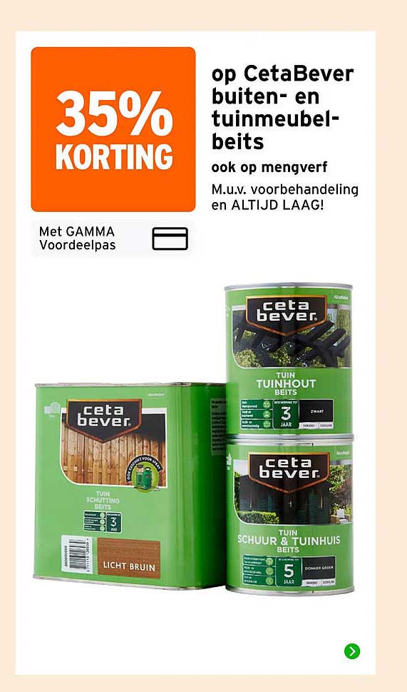 35% KORTING op CetaBever buiten- en tuinmeubel-beits ook op mengverf