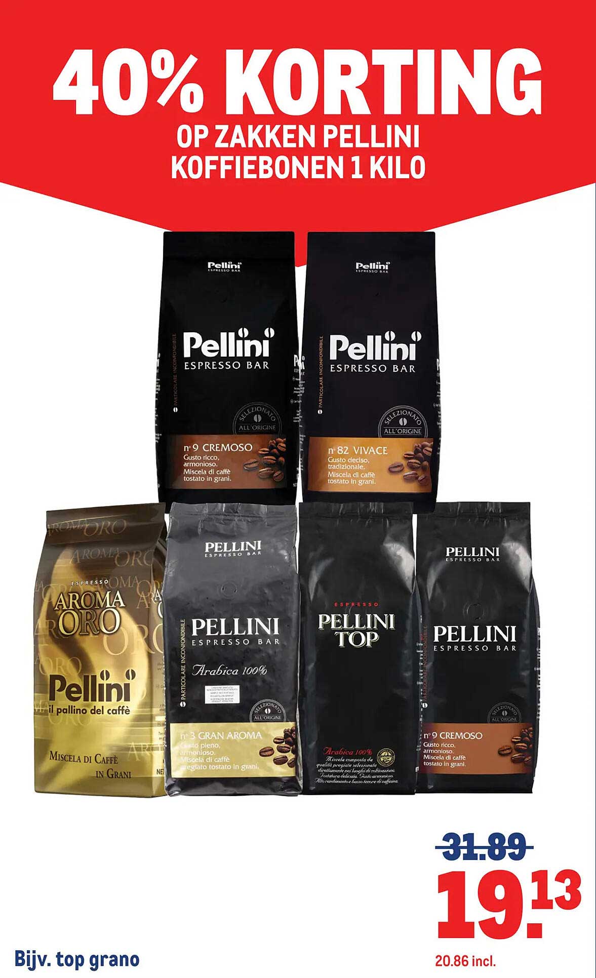 40% korting op zakken Pellini koffiebonen 1 kilo