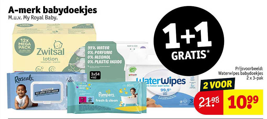 A-merk babydoekjes 1+1 GRATIS*