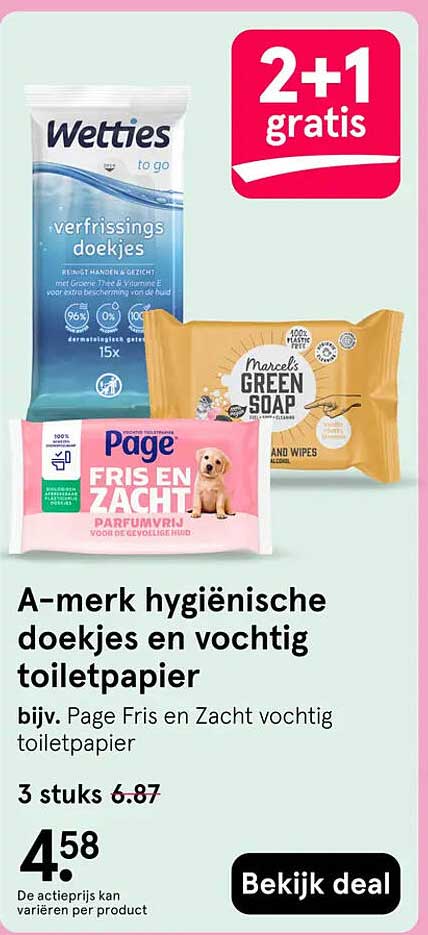 A-merk hygiënische doekjes en vochtig toiletpapier 2+1 gratis