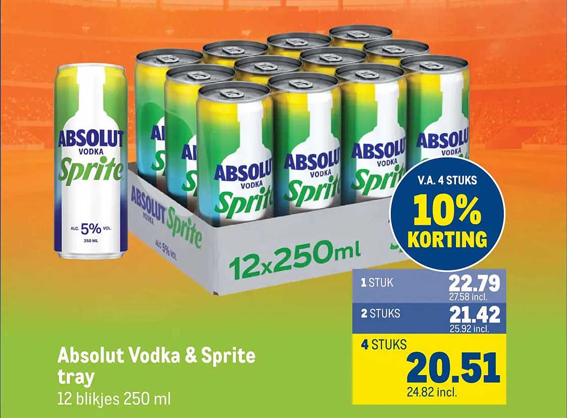 Absolut Vodka & Sprite tray 12 blikjes 250 ml v.a. 4 stuks 10% korting