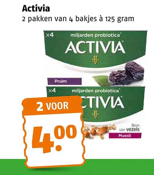 Activia 2 pakken van 4 bakjes à 125 gram 2 voor 4.00