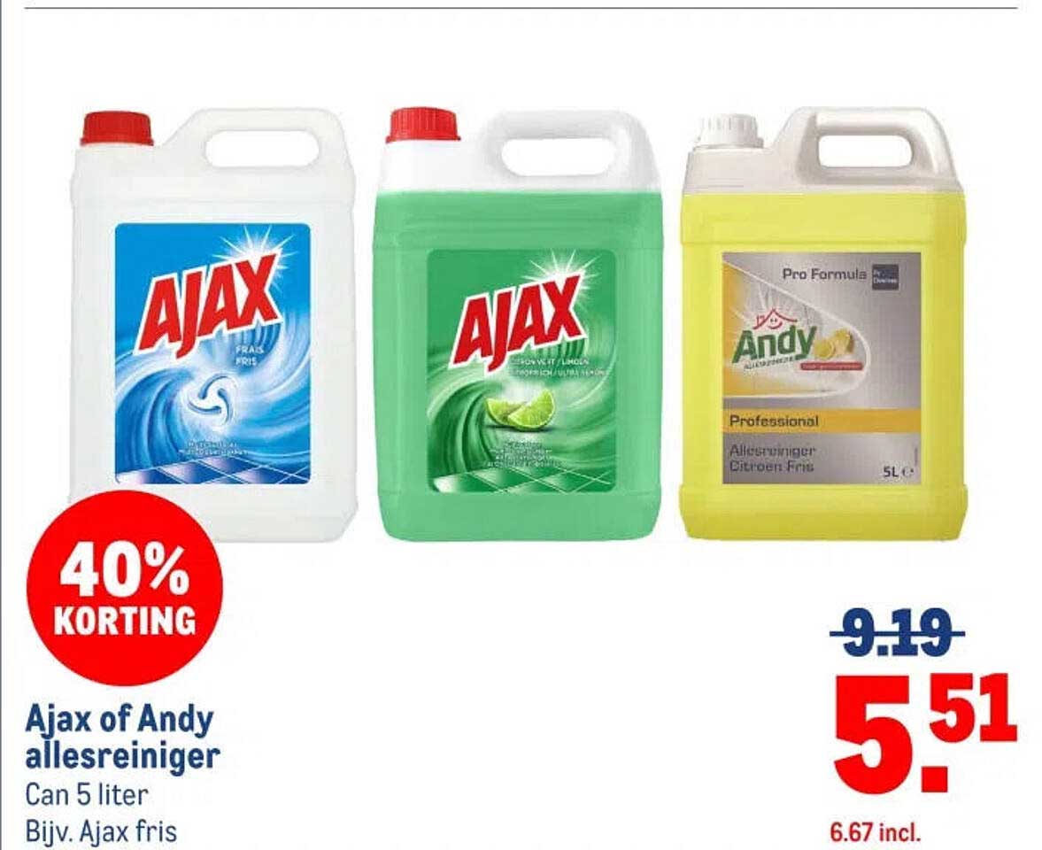 Ajax of Andy allesreiniger Can 5 liter Bijv. Ajax fris 40% korting