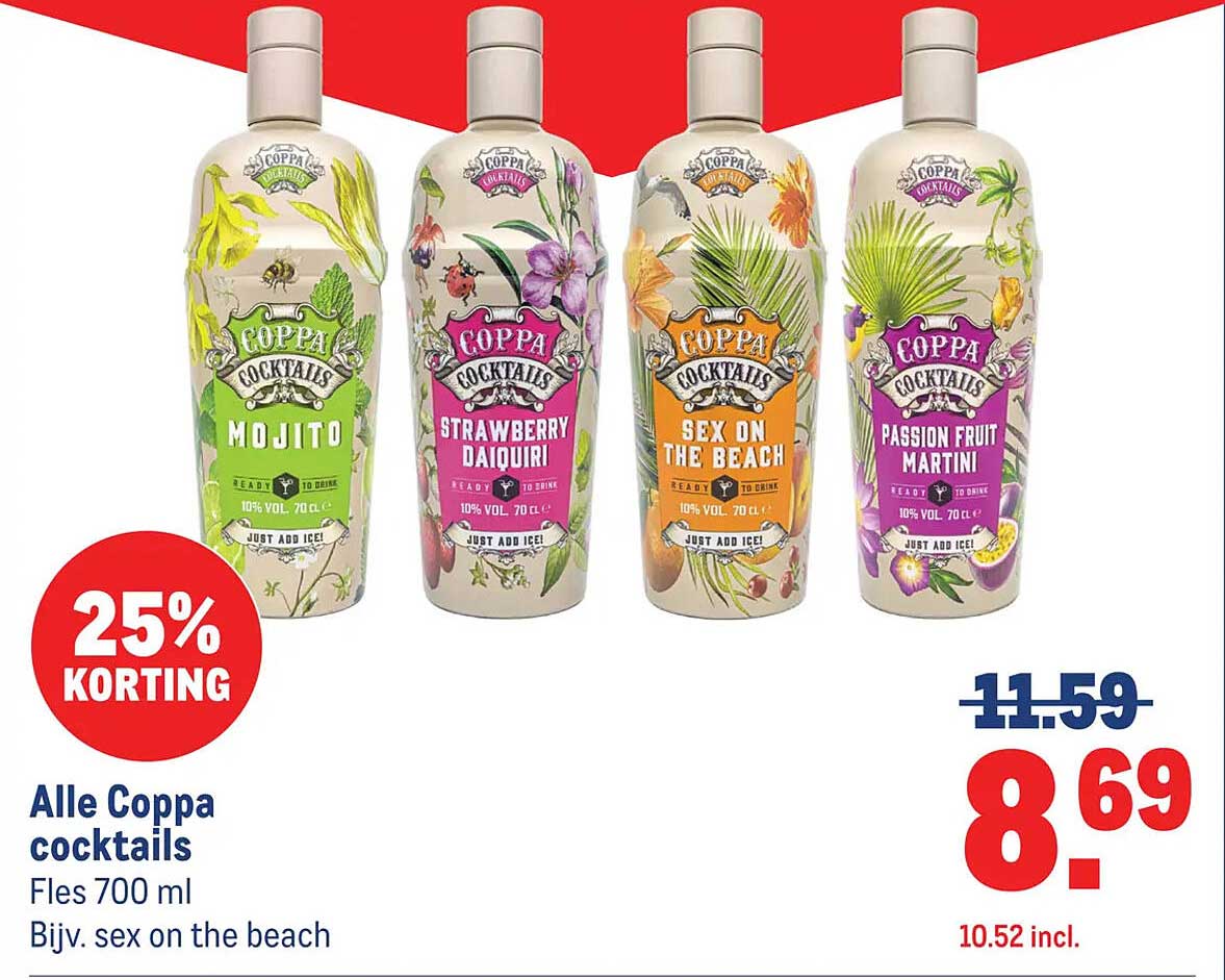Alle Coppa cocktails Fles 700 ml Bijv. sex on the beach 25% KORTING