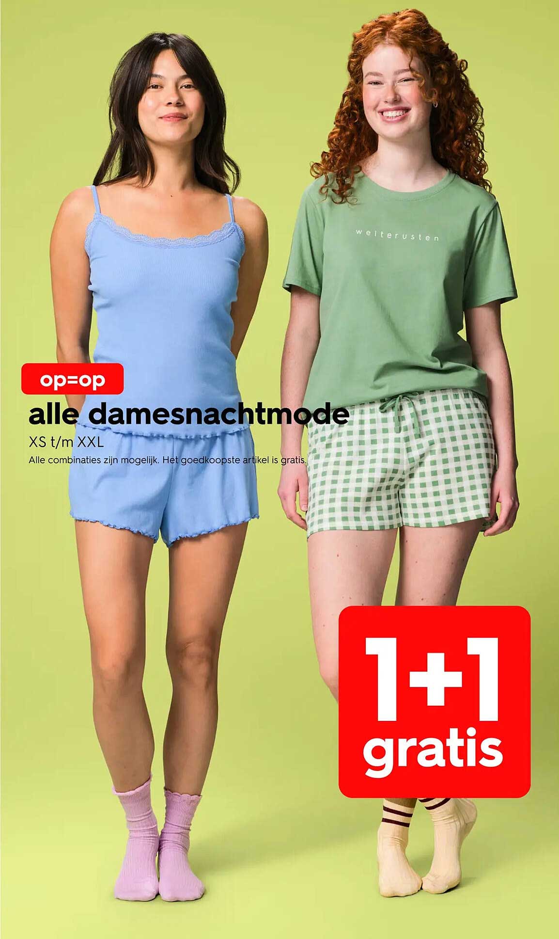alle damesnachtmode XS t/m XXL 1+1 gratis
