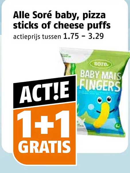 Alle Soré baby, pizza sticks of cheese puffs 1+1 gratis