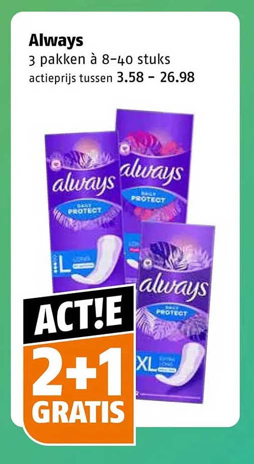 Always 3 pakken à 8-40 stuks 2+1 gratis