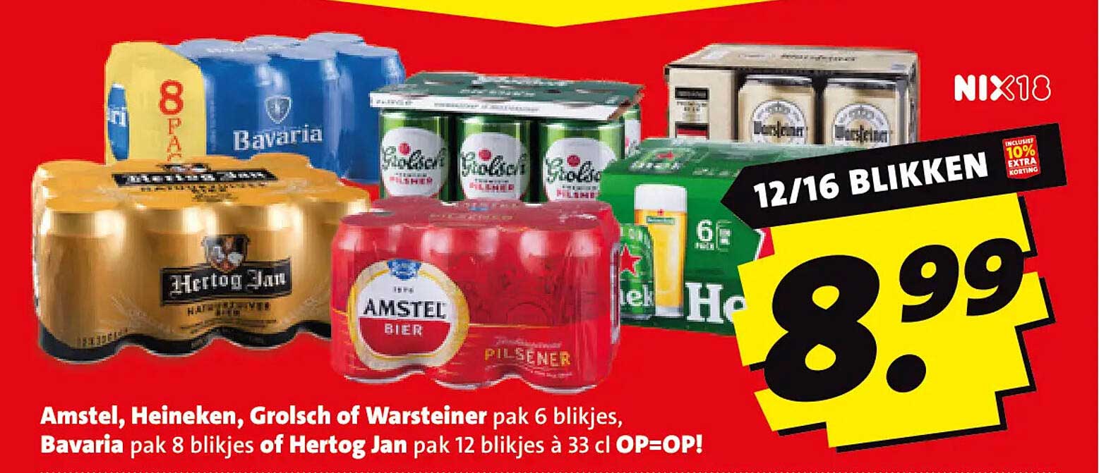 Amstel, Heineken, Grolsch of Warsteiner pak 6 blikjes, Bavaria pak 8 blikjes of Hertog Jan pak 12 blikjes à 33 cl OP=OP! 12/16 blikken