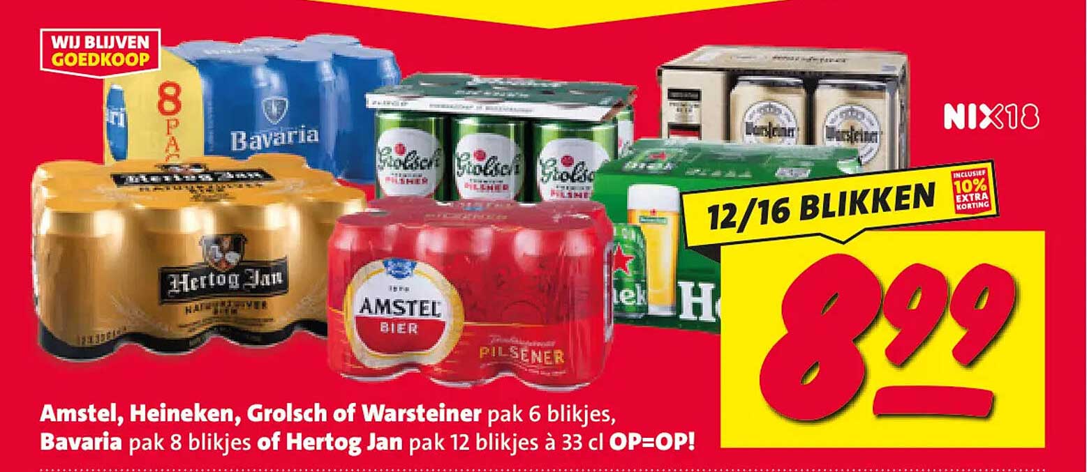 Amstel, Heineken, Grolsch of Warsteiner pak 6 blikjes, Bavaria pak 8 blikjes of Hertog Jan pak 12 blikjes à 33 cl OP=OP! 12/16 BLIKKENEN