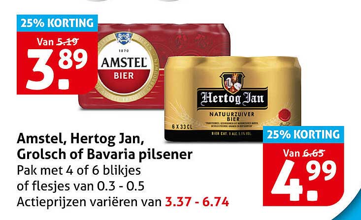 Amstel, Hertog Jan, Grolsch of Bavaria pilsener Pak met 4 of 6 blikjes of flesjes van 0.3 - 0.5 25% KORTING
