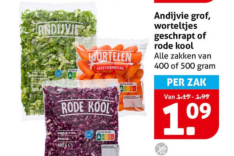 Andijvie grof, worteltjes geshrapt of rode kool