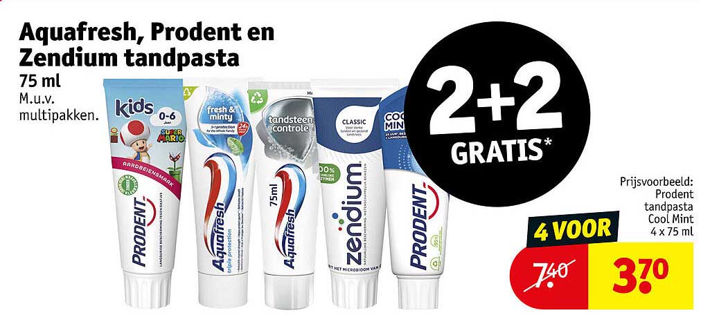 Aquafresh, Prodent en Zendium tandpasta 75 ml 2+2 gratis