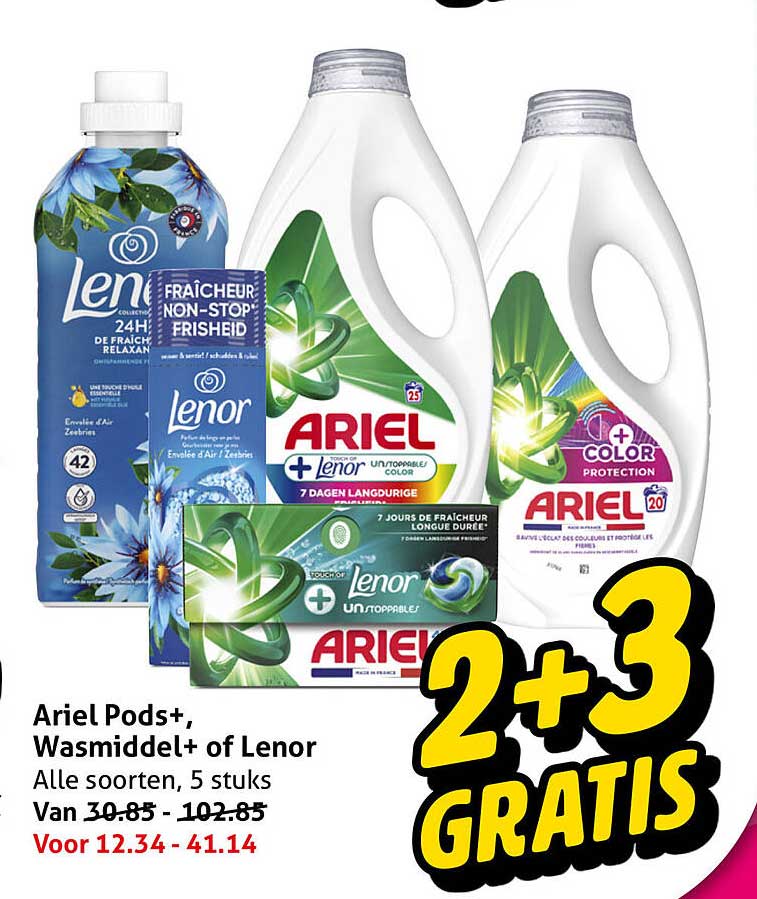 Ariel Pods+, Wasmiddel+ of Lenor Alle soorten, 5 stuks 2+3 GRATIS