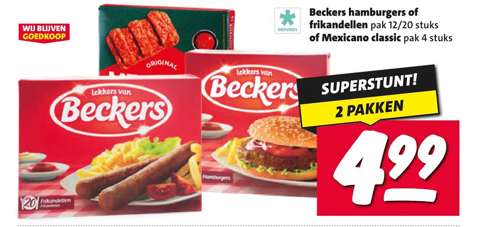 Beckers hamburgers of frikandellen pak 12/20 stuks of Mexicano classic pak 4 stuks 2 pakken