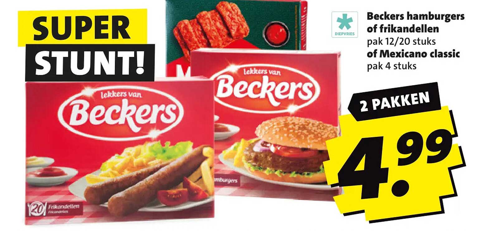 Beckers hamburgers of frikandellen pak 12/20 stuks of Mexicano classic pak 4 stuks