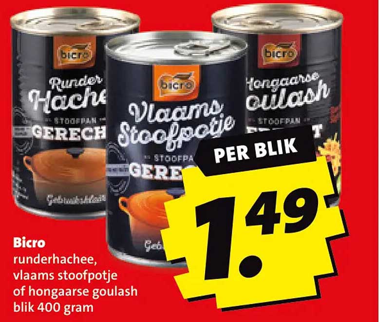 Bicro runderhachee, vlaams stoofpotje of hongaarse goulash blik 400 gram