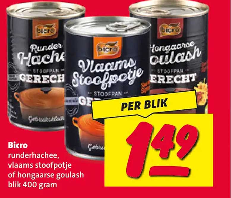 Bicro runderhachee, vlaams stoofpotje of hongaarse goulash blik 400 gram per blik